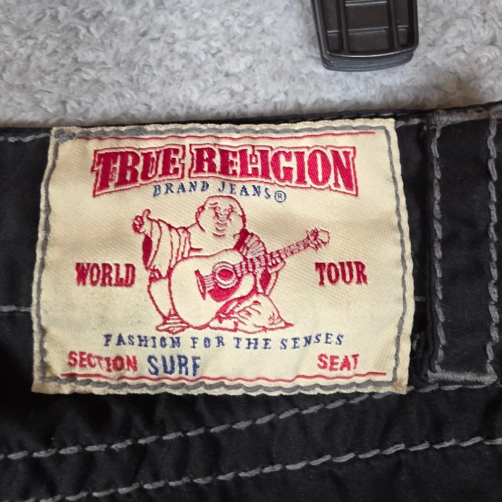 True Religion Board Shorts Mens 34 Black Excellent Contrast Stitch Surf Swimwear